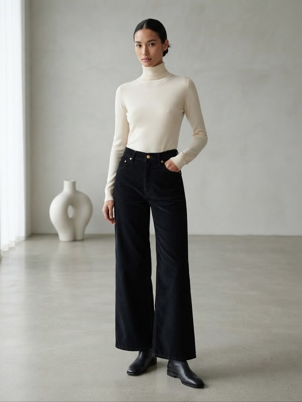 Officine Générale Paris "Romy" Black Corduroy Wide Leg Pants Size 27